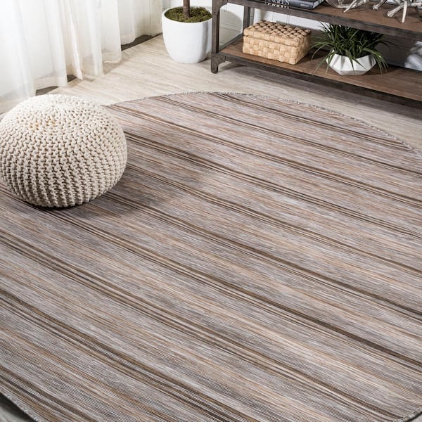 JONATHAN Y Bo Modern Farmhouse Brown/Natural 6 ft. 7 in. Wide Stripe Round Indoor/Outdoor Area Rug