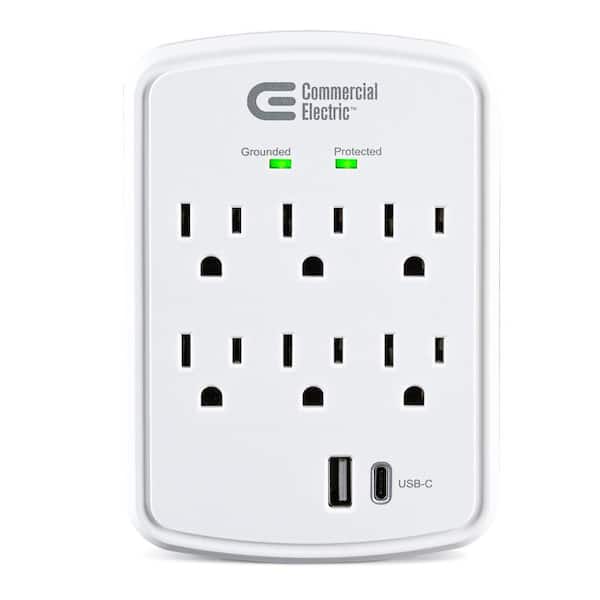 6-Outlet Wall Mounted Surge Protector with 1 USB-A and 1 USB-C, White