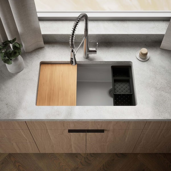 Lassen 33 in. Drop-in Single Bowl Granite Composite Kitchen Workstation Sink in Matte Grey with Faucet