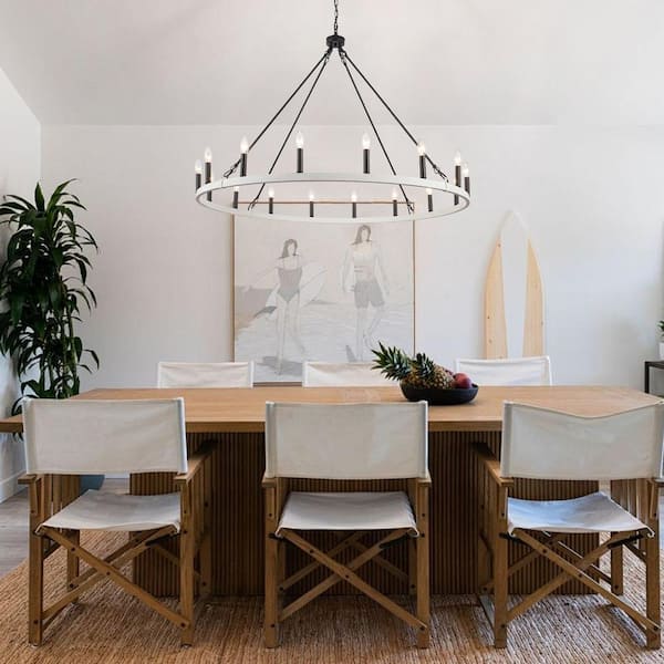 16-Light Black and Vintage White Candlestick Circle Wagon Wheel Chandelier Oversize Island Chandelier for Dining Room