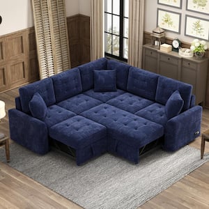 82.6 in. L Shaped Corded Velveteen Modern Sectional Sofa Pull-out Sleeper Sofa in Navy Blue with USB Ports, Power Socket