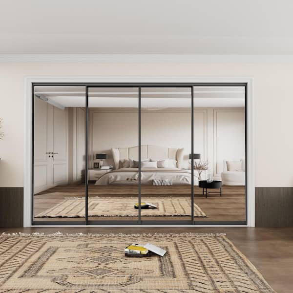 120 in. x 80 in. 1-Lite Black Mirrored Glass and Aluminum Frame Finished Closet Sliding Door with Hardware Kit