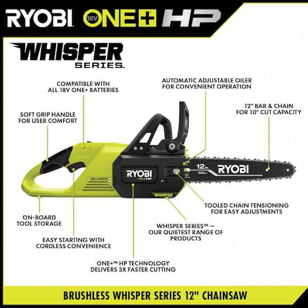 RYOBI P2570-PS ONE+ HP 18V Brushless Whisper Series Battery 12 in. Chainsaw and 8 in. Pole Saw with 6.0 Ah Battery and Charger - 3