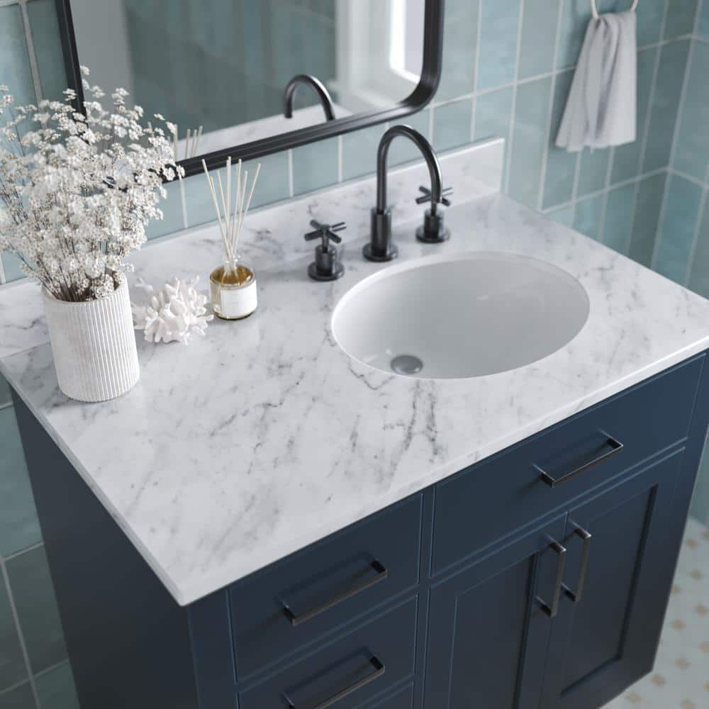 Midnight Blue 37" Freestanding Vanity with White Marble Top