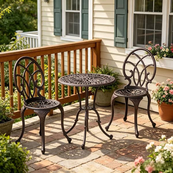 3 piece patio set wuth umbrella hole under 50 Cast Aluminum Small Patio Table And Chairs IALTRUISTIC 3-Pieces Metal Outdoor  Bistro Set Cast Aluminum