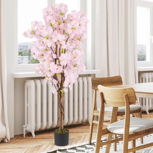 Gymax 2PCS Pink 59 in. Tall Artificial Cherry Blossom Tree Faux