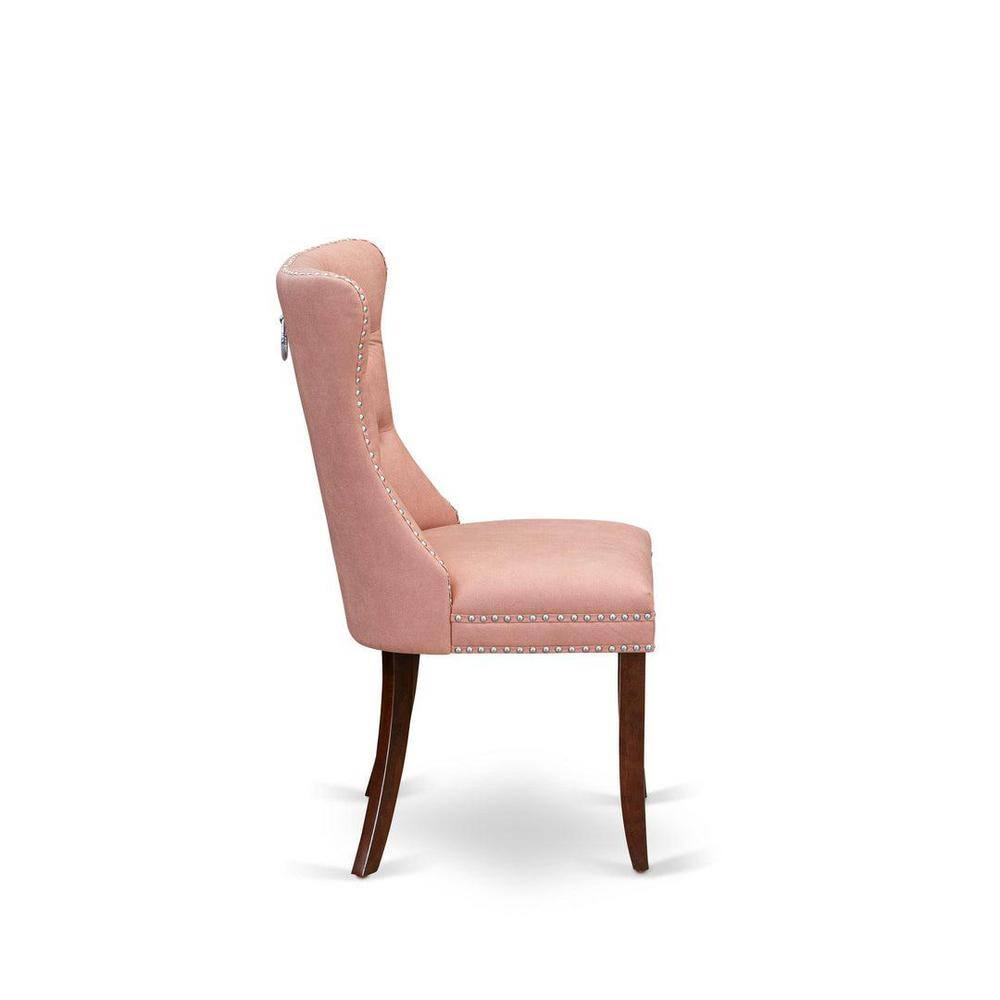 Mahogany Finish Round Pedestal Dining Table with Pink Tufted Chairs