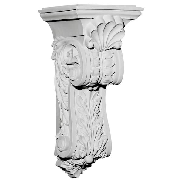 Ekena Millwork 7-7/8 in. x 8-3/4 in. x 18-1/4 in. Primed Polyurethane Scroll Leaf Corbel