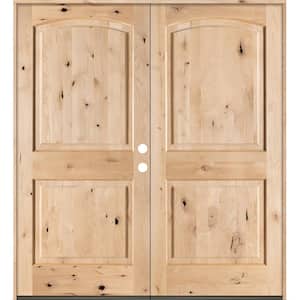 60 in. x 80 in. Rustic Knotty Alder 2-Panel Top Rail Arch Unfinished Left-Hand Inswing Wood Double Prehung Front Door