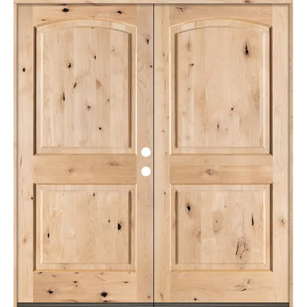 Krosswood Doors 60 in. x 80 in. Rustic Knotty Alder 2-Panel Top Rail Arch Unfinished Left-Hand Inswing Wood Double Prehung Front Door