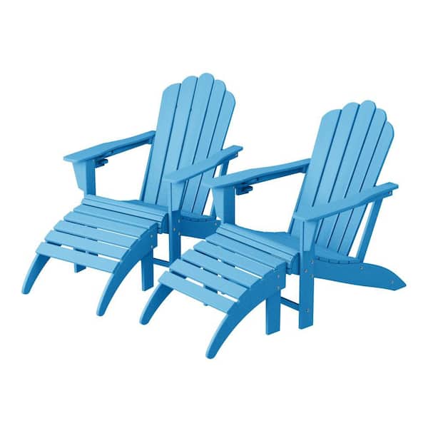 Aderson 4-Piece All Weather Outdoor Patio HDPE Adirondack Chairs w/ Cup Holders and Matching Ottomans in Pacific Blue