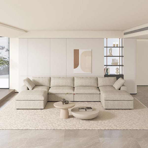 J&E Home 160.5 in. Square Arm 5-Piece Velvet L-Shaped Free Combination Modular Sectional Sofa in Khaki with Ottoman