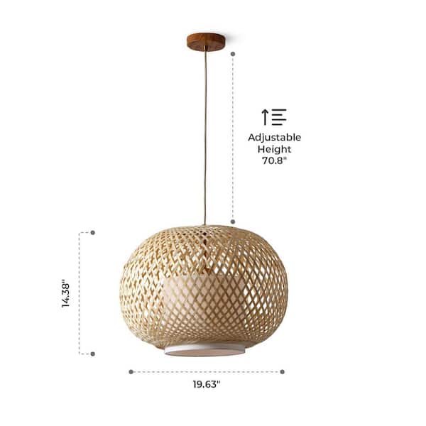 FOS 1- Light Pendant Light 19.5 in. Natural Woven Bamboo + Linen Shade and Brushed Bras + Walnut Accents, Adjustable