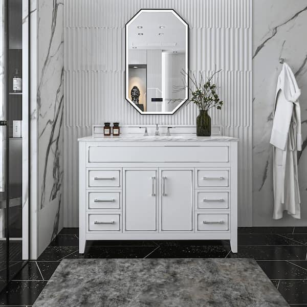 Ancerre Designs Aspen 48 in. W x 22 in. D Bath Vanity in White with Vanity Top in Carrara White Marble with White Basin