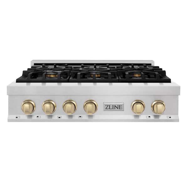 Autograph Edition 36 in. Legacy Rangetop with 6 Burners in Satin Stainless Steel with Polished Gold Accents