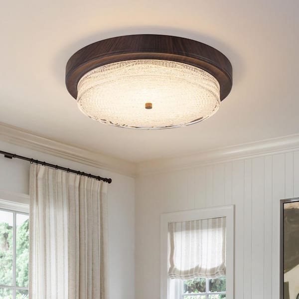 18.5 in. 28-Watt Matte Walnut Nordic Round Integrated LED Semi-Flush Mount with Crystal Sand Glass Shade