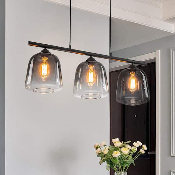 Y'INSP 3-Light Matte Black Industrial Linear Chandelier Modern Pendant Light for Kitchen Island with Smokey Gradient Glass