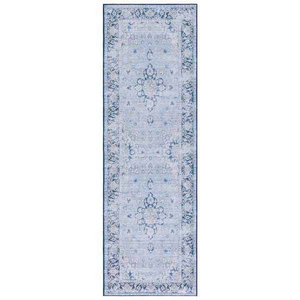SAFAVIEH Tucson Light Blue/Navy 3 ft. x 8 ft. Machine Washable Medallion Floral Border Distressed Runner Rug
