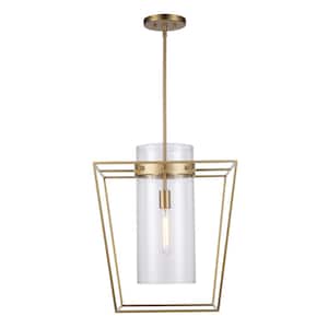 18 in. 1-Light Antique Gold Pendant Light Fixture with Clear Glass Cylinder Shade