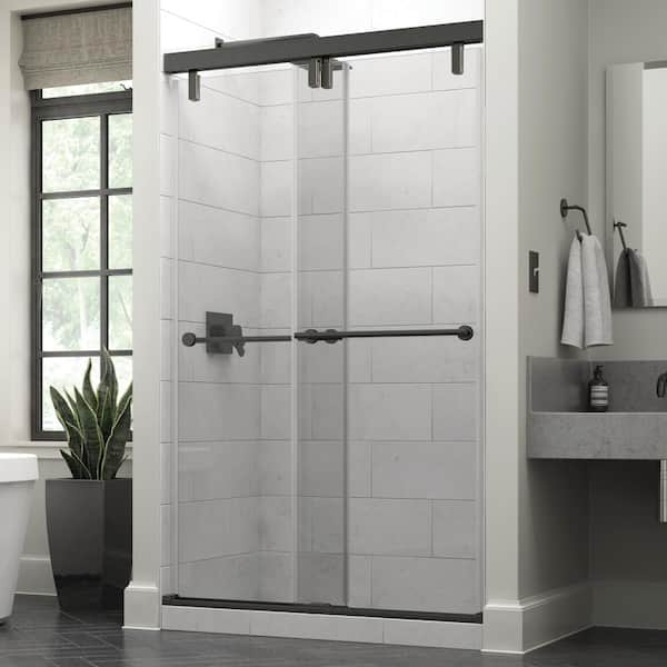 Delta Crestfield Mod 43-3/8 to 47-3/8 in. W x 71-1/2 in. H Soft-Close Frameless Sliding Shower Door, Bronze, Clear Glass