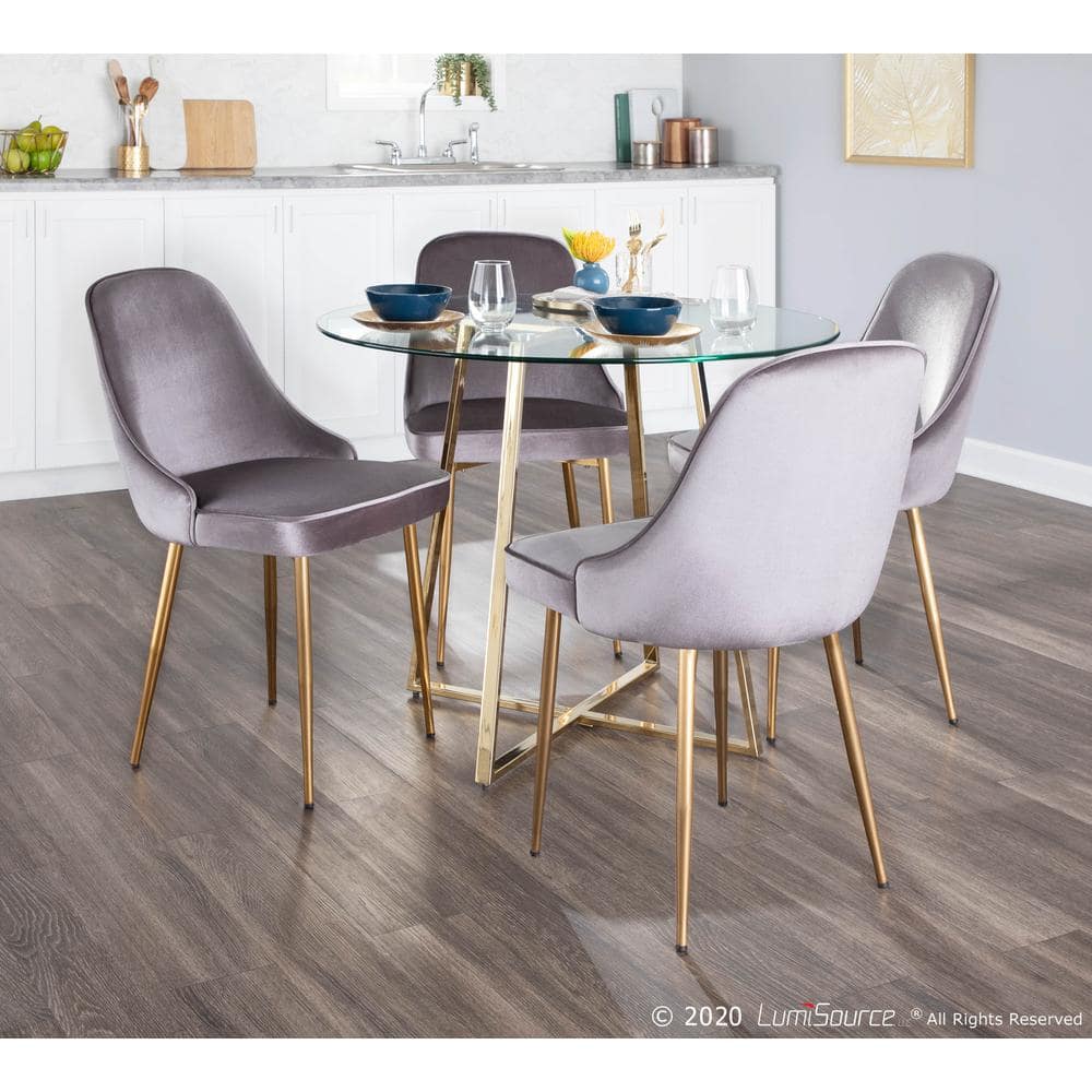Set of 2 Gray Velvet Upholstered Dining Chairs with Gold Tapered Legs