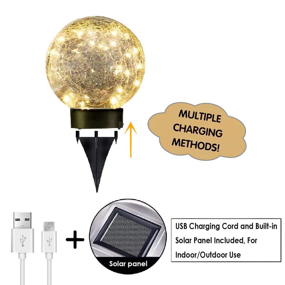 Black Solar Weather Resistant Glass Crackle Globe Path Light with USB Charg