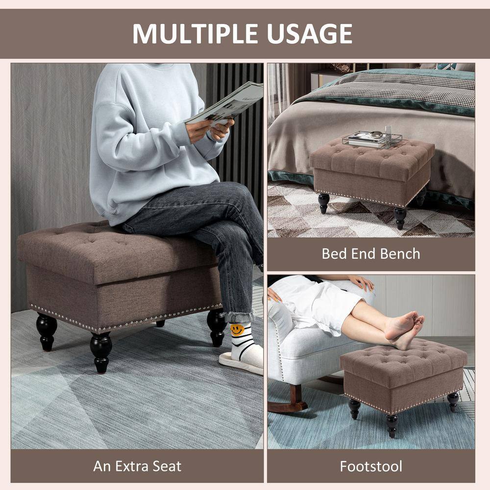 Taupe Tufted Fabric Ottoman with Turned Wood Legs
