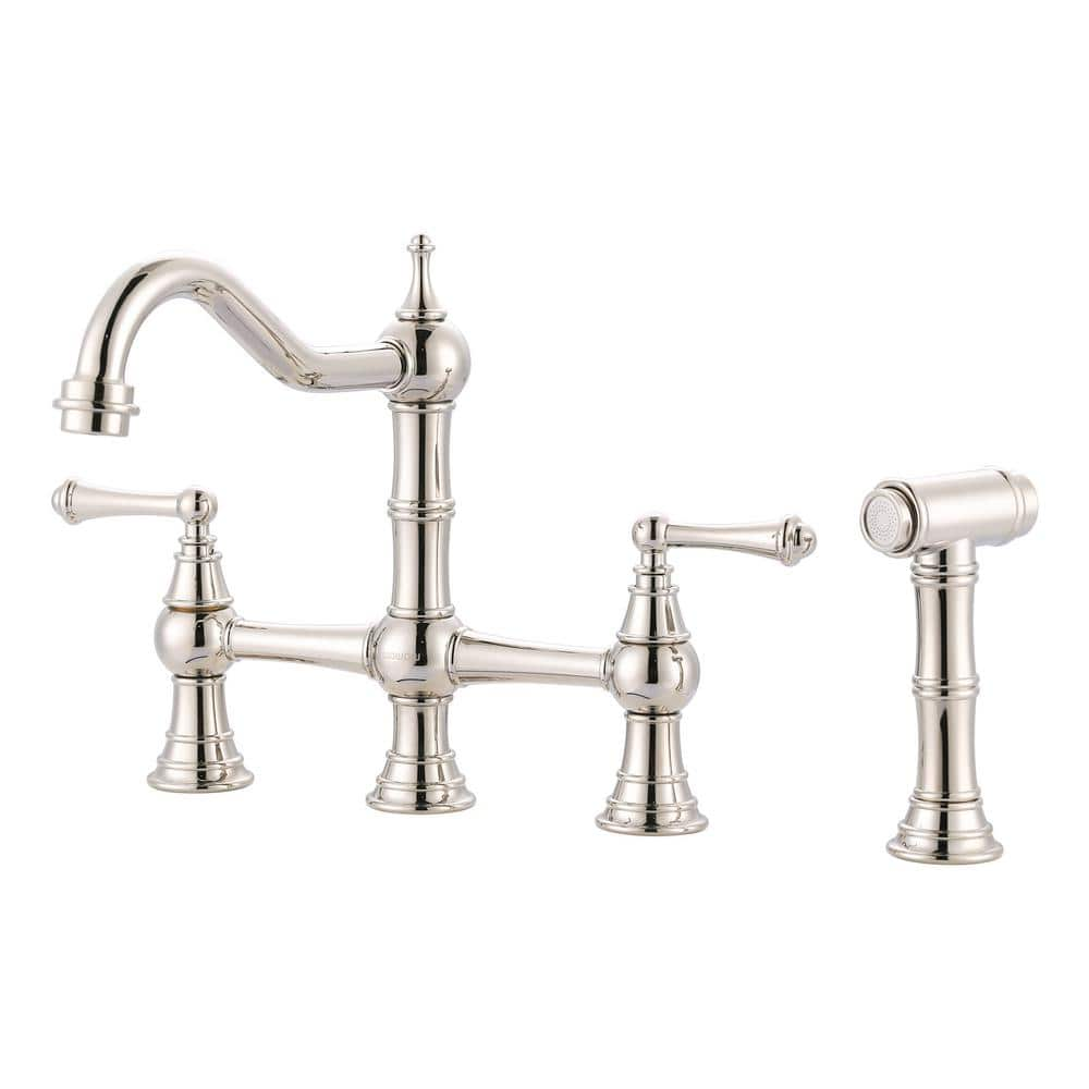 WOWOW Double Handle Bridge Kitchen Faucet in Solid Brass in Polished ...