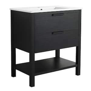 30 in. Black Wood Console Sink Freestanding Bathroom Vanity Basin Combo with Integrated Ceramic Sink and 2 Close Drawers