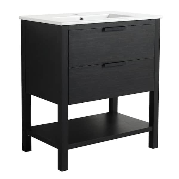 Unbranded 30 in. Black Wood Console Sink Freestanding Bathroom Vanity Basin Combo with Integrated Ceramic Sink and 2 Close Drawers