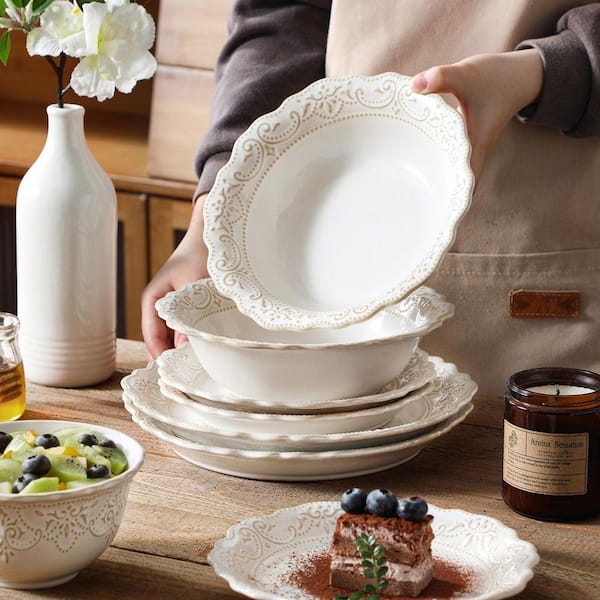 MALACASA 16-Piece Cream White Stoneware Dinnerware Set Service for
