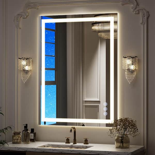 White 24 in. W x 32 in. H LED Lighted Rectangle Bathroom Vanity Wall Mirror Metal Framed Mirror