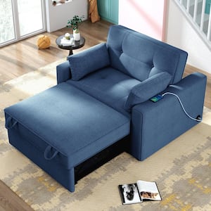 74.8 in. W Square Arm Polyester Fabric Straight Leisure Convertible Sofa Adjustable Couch with Pillow in Navy Blue
