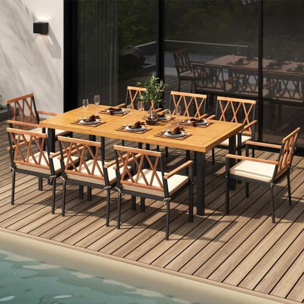 9-Piece Metal Rectangle Outdoor Dining Set with Off White Cushions and Umbrella Hole