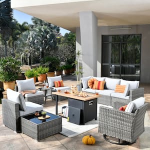 Sanibel Gray 10-Piece Wicker Patio Conversation Sofa Set with a Swivel Chair, a Storage Fire Pit and Light Gray Cushions