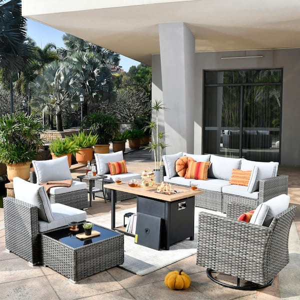 Toject Sanibel Gray 10-Piece Wicker Patio Conversation Sofa Set with a Swivel Chair, a Storage Fire Pit and Light Gray Cushions
