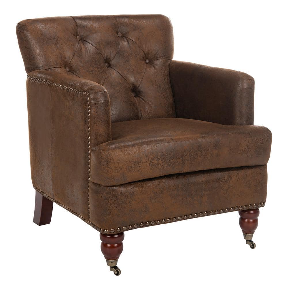 Contemporary Modern Brown Leather and Wood Accent Chair