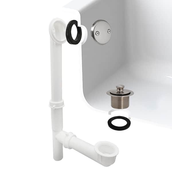 Westbrass 14" White Tubular Bath Waste & Overflow Assembly with Twist & Close Drain Plug and 2-Hole Faceplate, Satin Nickel