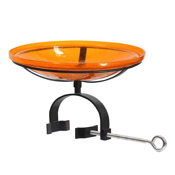 14 in. Dia. Round Mandarin Orange Crackle Glass Birdbath w/Black Wrought Iron Over Rail Bracket