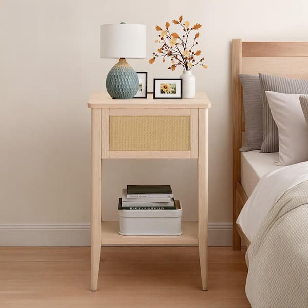 Lennox 15.75 in. Natural Rectangle MDF End Table with Charging USB Port and LED Touch Light