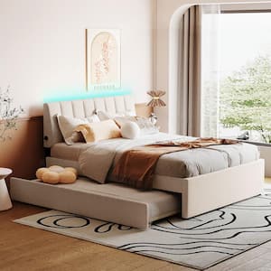 Wood Frame Full Size Teddy Fleece Upholstered Platform Bed with Trundle and Light Headboard, Beige