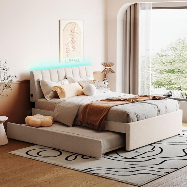 Polibi Wood Frame Full Size Teddy Fleece Upholstered Platform Bed with Trundle and Light Headboard, Beige