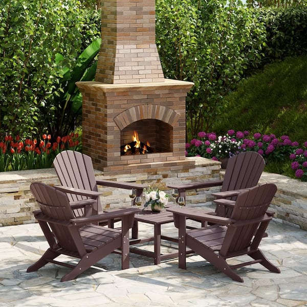 Altura Fade Resistant HDPE Plastic Dark Brown 5PC Adirondack Chair Outdoor Patio Conversation Set, Square Coffee Table