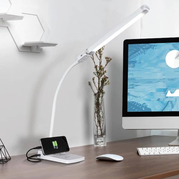 Swivel 25 in. LED Desk Lamp with USB Charging and Stand, White