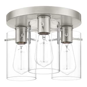 Regan 11.75 in. 3-Light Brushed Nickel Flush Mount with Clear Glass Shades