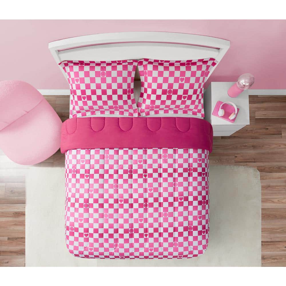 Full Pink Microfiber Reversible Kids Comforter Set