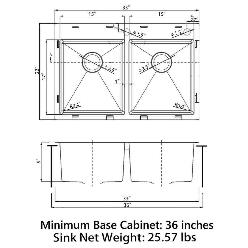 Sinber 33" Black Stainless Steel Double Bowl Kitchen Sink with Drainboard