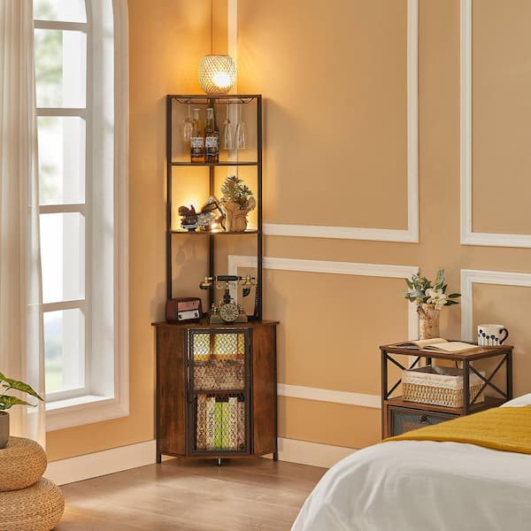 VECELO 6-Tier Corner Shelf with Storage Cabinet, Tall Display Bookcase with Wine Glass Holder for Living Room, Brown