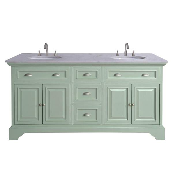 Home Decorators Collection Sadie 67 in. W x 21.5 in. D Vanity in Antique Light Cyan with Marble Vanity Top in Natural White with White Sinks