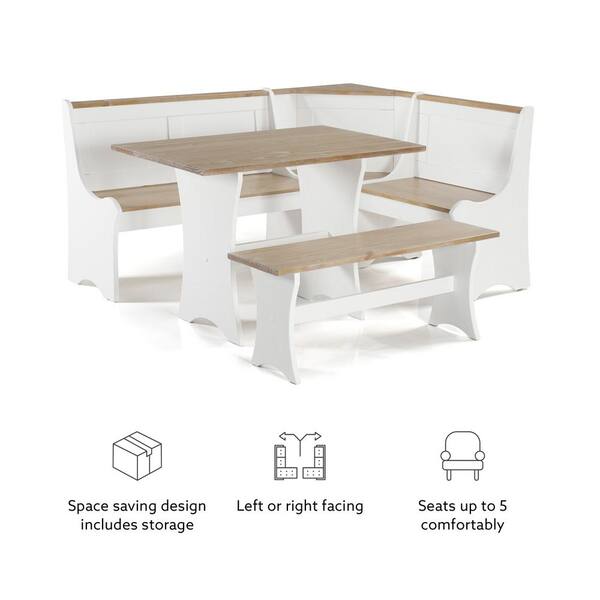 Linon Ardmore Wood Corner Dining Breakfast Nook with Table and Storage,  Seats 5-6, White and Natural Finish 